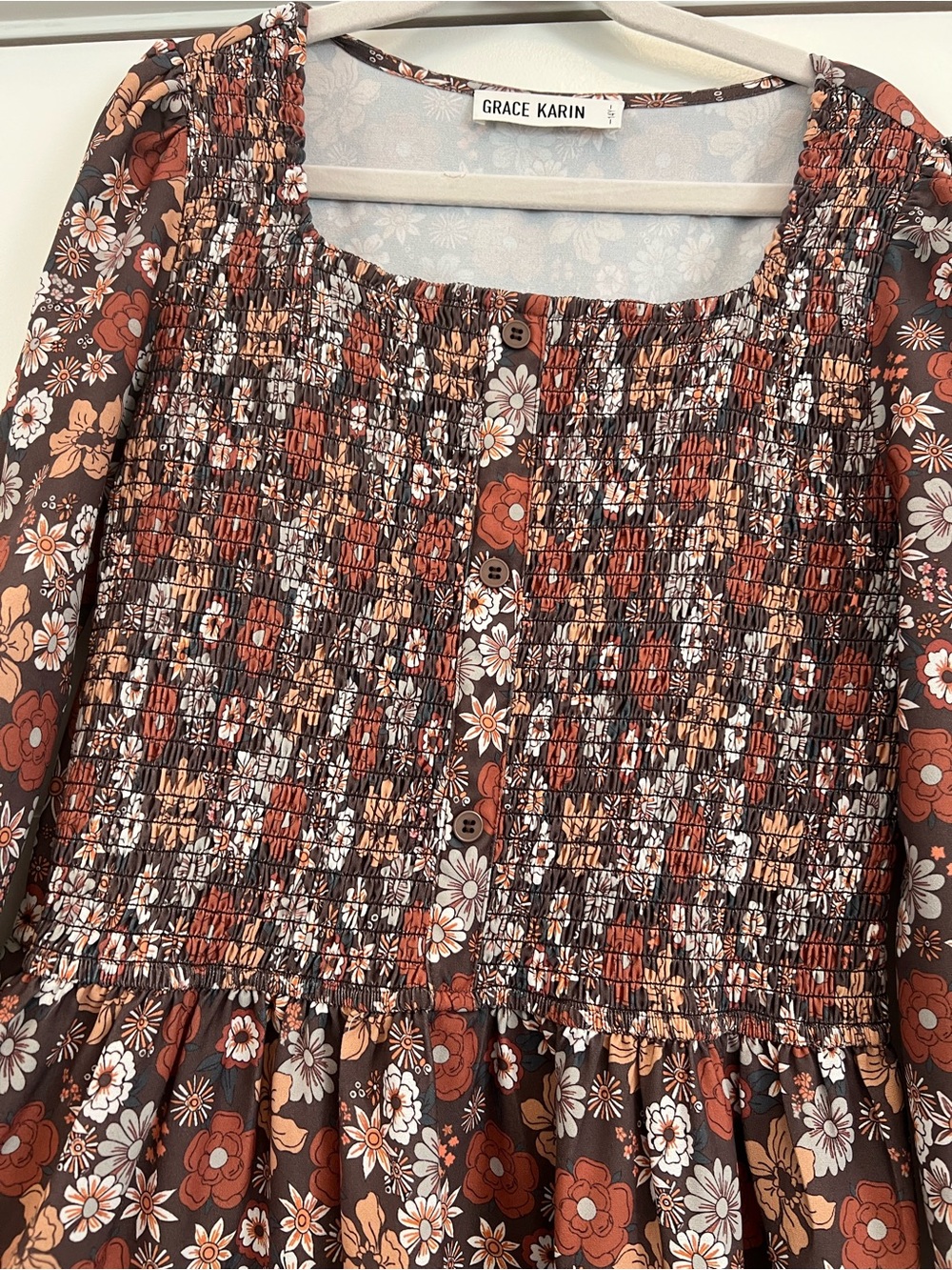 Smocked Floral Tiered Mini Dress - Rust Multi - Picture 5 of 9